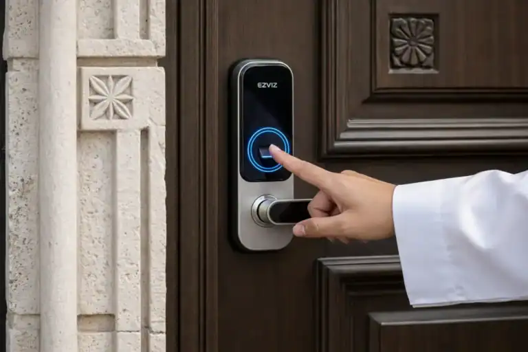 قفل باب ذكي مُركّب على باب منزل سعودي مع يد تستخدم البصمة لفتحه