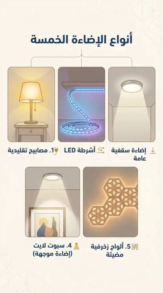 أنواع الإضاءة الذكية الخمسة — لمبات ذكية وشرائط LED وإضاءة سقف وسبوتات وألواح ديكورية
