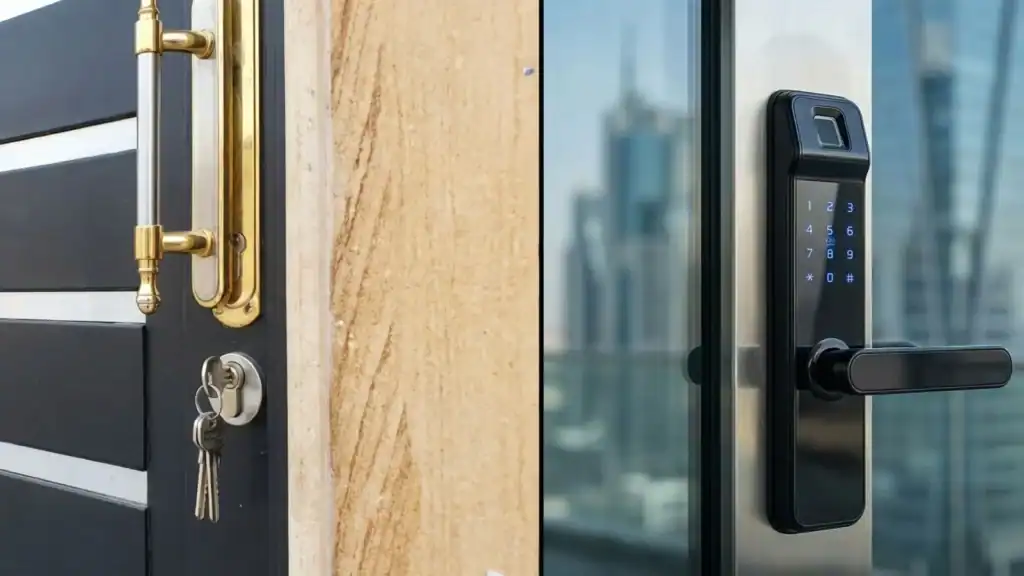 مقارنة بصرية بين قفل باب تقليدي بمفتاح وقفل باب ذكي ببصمة الإصبع