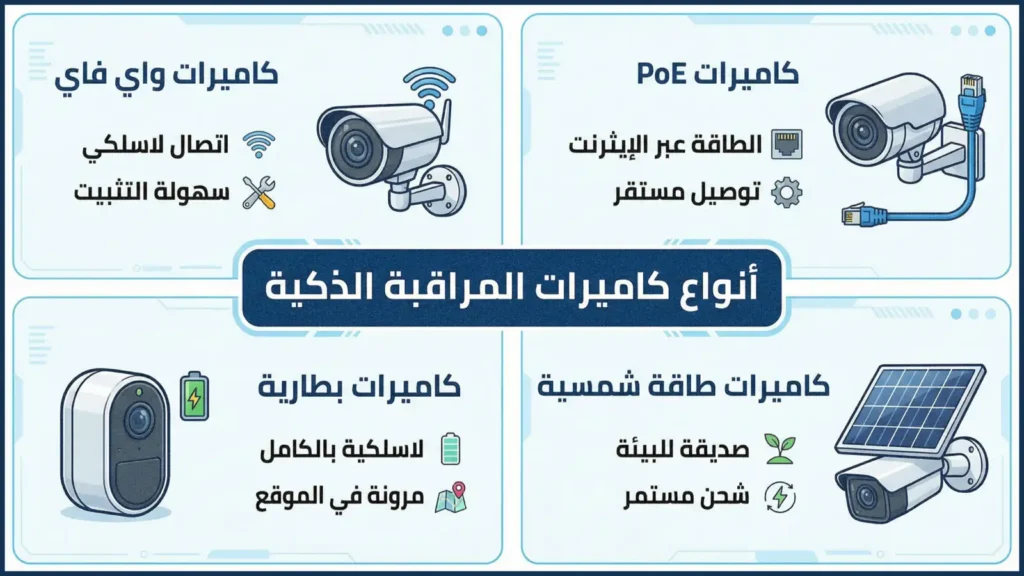 أنواع كاميرات المراقبة الذكية — WiFi وPoE وبطارية وشمسية